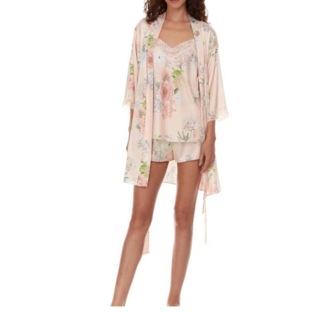 Flora by Flora Nikrooz Sabrina Satin Floral 3-Piece Pajama Set SZ Med